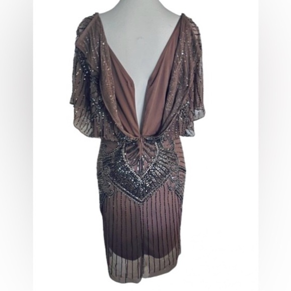 1920s Flapper Aidan Mattox 2 Tan Beaded Sheer Illusion Nude Designer Extra Smsll - Picture 11 of 12